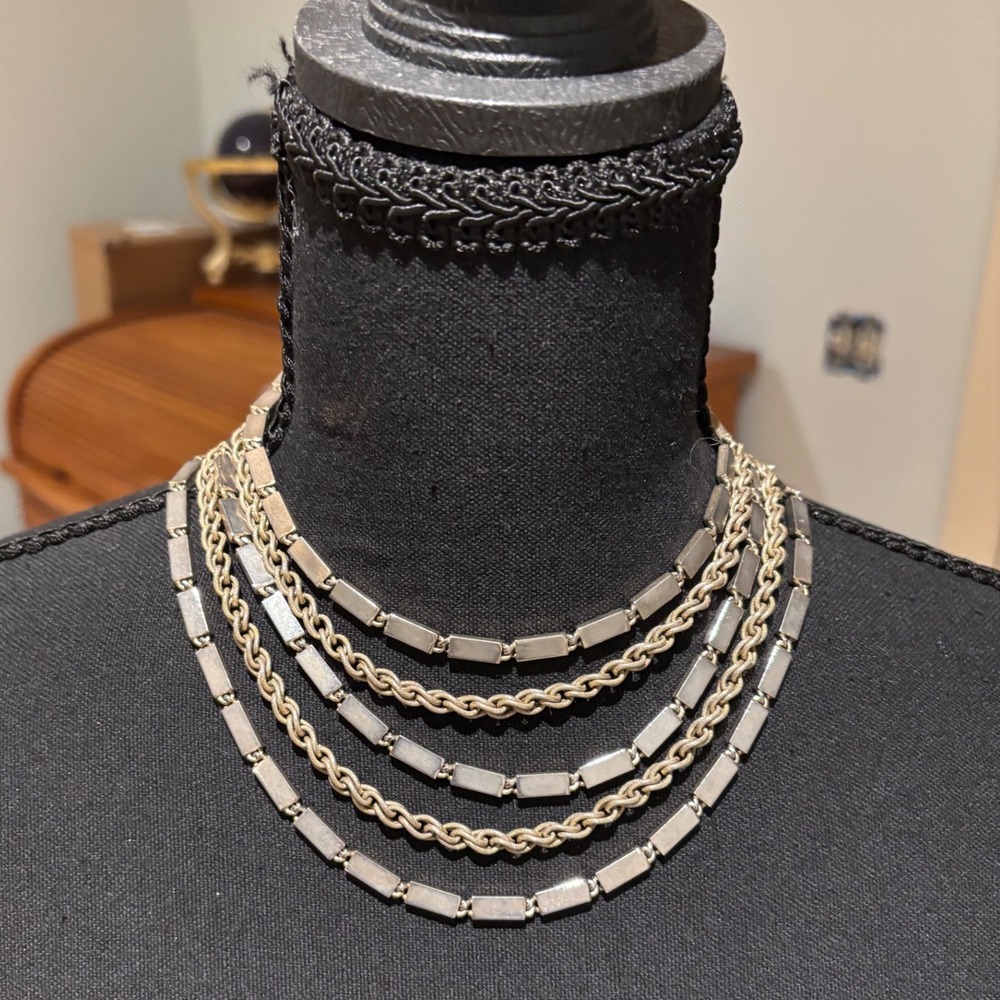 Vintage Marino Silver‎ Tone 5 Strand Layered Necklace Bar Rope Chain Statement
